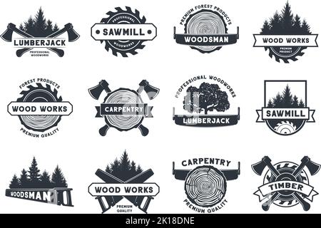 Distintivo per lavori in legno. Lumberjack, segheria e Falegnameria emblemi. Set di template vettoriali per alberi, tronchi di pino, utensili per sega e ascia Illustrazione Vettoriale