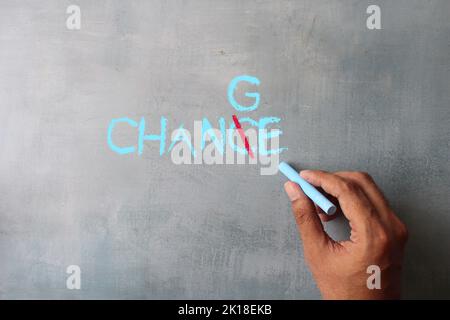 Vista dall'alto immagine della mano che scrive la parola Chance into Change in un'immagine concettuale. Concetto di motivazione. Foto Stock