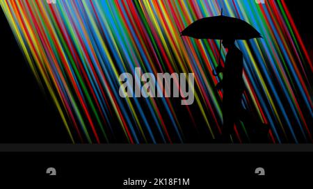 Un uomo con un ombrello passa accanto a linee angolate di colori luminosi in un'illustrazione 3-d. Foto Stock