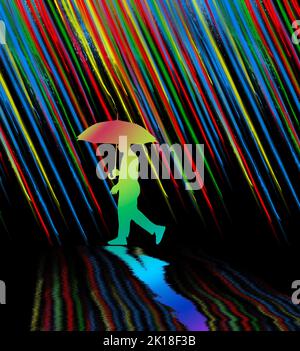 Un uomo con un ombrello passa accanto a linee angolate di colori luminosi in un'illustrazione 3-d. Foto Stock