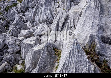 Vista di massi lungo il sentiero fino alla cima del Loser, che sembrano essere stati lavorati, ma sono in realtà naturali, Ausseerland, Stiria, Austria Foto Stock