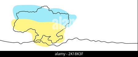 Disegno a linea continua della mappa dell'Ucraina. Immagine su una riga della mappa dell'Ucraina. Uno sfondo di disegno a una linea. Illustrazione vettoriale. Illustrazione Vettoriale