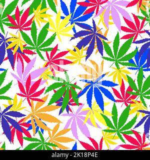 La brillante Cannabis arcobaleno lascia un motivo senza cuciture su sfondo bianco. Illustrazione Vettoriale