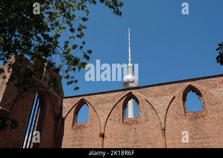 Berliner Fernsehturm (torre della televisione di Berlino) come si vede dalle rovine Franziskaner-Klosterkirche (Chiesa gotica francescana fondata nel 1250). Mitte, Berlino. GE Foto Stock