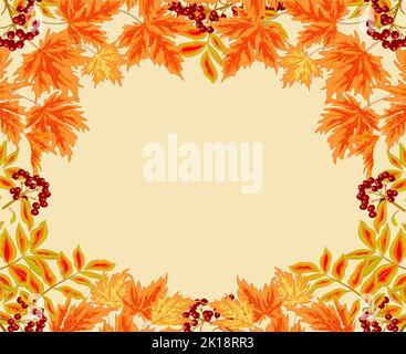 Cornice delle foglie autunnali rowan bacche e acero tema autunnale Thanksgiving Day tema vettore illustrazione Illustrazione Vettoriale