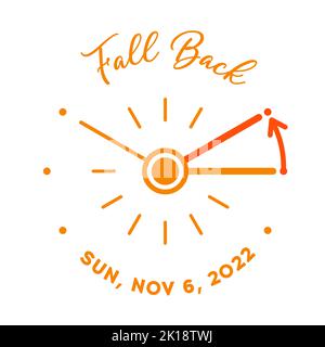 L'ora legale termina nel 2022, banner del 6th novembre. Orologio grafico minimalista con tempo variabile. Concetto di Fall Back. Orologio minimalista con calendario Illustrazione Vettoriale