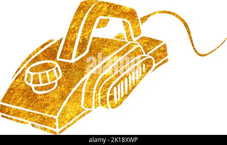Icona della fresa a mano elettrica disegnata a mano nella figura vettoriale della struttura in foglio d'oro Illustrazione Vettoriale