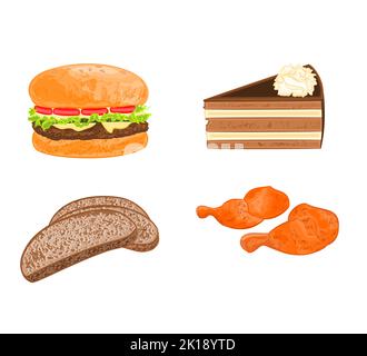 Illustrazione vettoriale di vari piatti (hamburger, torta, pane, carne di pollo) Illustrazione Vettoriale