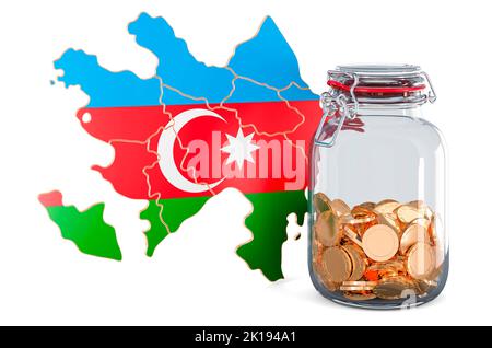 Mappa azerbaigiana con vaso di vetro pieno di monete d'oro, 3D rendering isolato su sfondo bianco Foto Stock