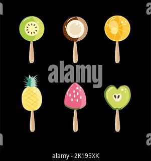 Contiene icone come l'arancia, il gelato, il caffè da andare, il lime, la tazza di caffè, salsiccia, pizza. Foto Stock
