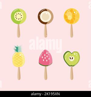 Contiene icone come l'arancia, il gelato, il caffè da andare, il lime, la tazza di caffè, salsiccia, pizza. Foto Stock