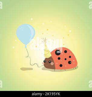 una piccola coccinella sorridente in un berretto festivo sulla testa tiene un pallone nella zampa. carino biglietto d'auguri. illustrazione del bambino Foto Stock