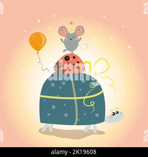 carino biglietto d'auguri. tartaruga, coccinella e mouse in piedi l'uno sopra l'altro. colori delicati e calmi. illustrazione del bambino Foto Stock