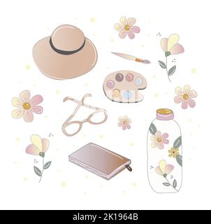 Evidenzia copertine, post e storie per i social media. Icone retrò astratte di primavera e estate. Contorno. Illustrazione vettoriale. Foto Stock