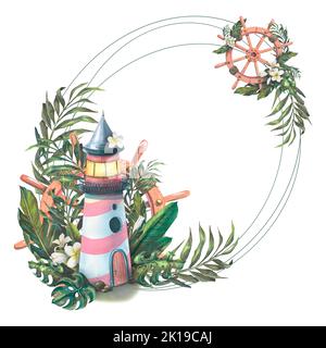 Cornice ovale con faro marino, ruote sterzanti e foglie di palma tropicali. Illustrazione acquerello. Pensione per design e design del menu, spiaggia Foto Stock