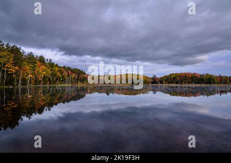 Le nuvole grigie coprono un cielo luminoso del mattino al lago Council nella foresta nazionale di Hiawatha nella contea di Alger, Michigan Foto Stock