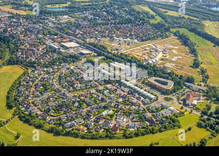 Veduta aerea, Angerbogen, zona residenziale Alter Angerbach, zona edilizia, Huckingen, Duisburg, zona Ruhr, Renania settentrionale-Vestfalia, Germania, Angerbogen Foto Stock