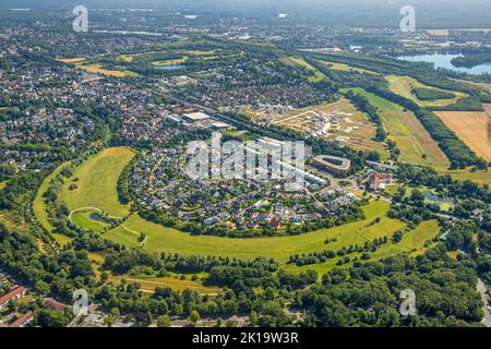 Veduta aerea, Angerbogen, zona residenziale Alter Angerbach, zona edilizia, Huckingen, Duisburg, zona Ruhr, Renania settentrionale-Vestfalia, Germania, Angerbogen Foto Stock