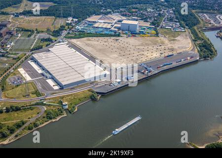 Luftbild, logport VI, Baustelle mit Neubau Logistikunternehmen DSV Halle, Alt-Walsum, Duisburg, Ruhrgebiet, Nordrhein-Westfalen, Deutschland, Baugebie Foto Stock