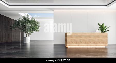 Design moderno degli interni della lobby o del ricevimento, spazio aperto con soffitto in vetro e scrivania in legno, rendering 3D, illustrazione 3D Foto Stock