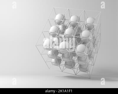 Astratto impianto high-tech con un cluster di sfere bianche in un contenitore di protezione reticolare in metallo, rappresentazione 3D Foto Stock