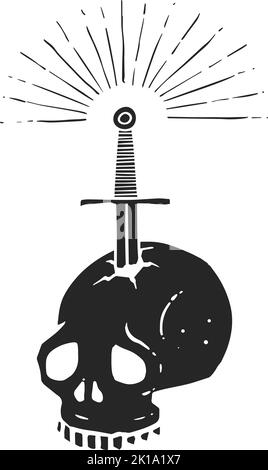 Icona disegnata a mano pugnalò il cranio con una spada. Illustrazione vettoriale. Illustrazione Vettoriale