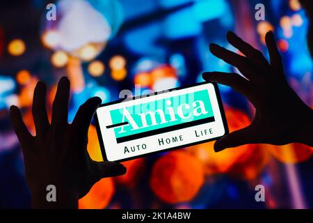 Brasile. 16th Set, 2022. In questa immagine, il logo amica Mutual Insurance Company è visualizzato su uno smartphone. (Foto di Rafael Henrique/SOPA Images/Sipa USA) Credit: Sipa USA/Alamy Live News Foto Stock