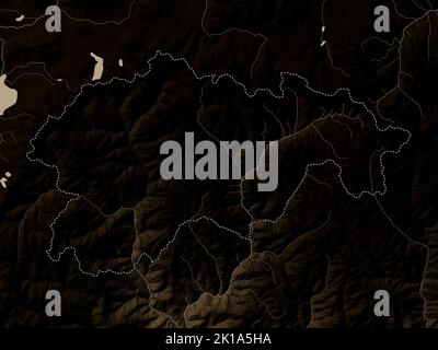 Gasa, distretto di Bhutan. Mappa dell'altitudine colorata in tonalità seppia con laghi e fiumi Foto Stock