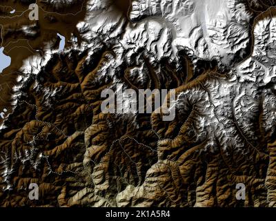 Gasa, distretto di Bhutan. Mappa dell'altitudine colorata in stile wiki con laghi e fiumi Foto Stock