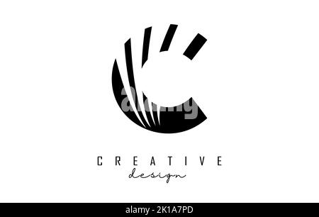 Logo C nero con linee di punta e design con spazi negativi. Lettera con disegni geometrici e creativi. Illustrazione vettoriale con lettera. Illustrazione Vettoriale