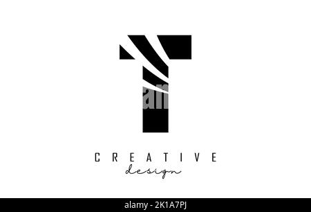 Logo a T nero con linee di punta e design con spazi negativi. Lettera con disegni geometrici e creativi. Illustrazione vettoriale con lettera. Illustrazione Vettoriale