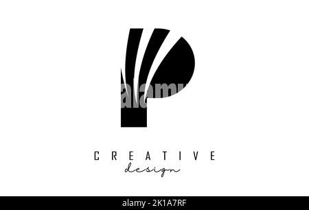 Logo P in lettere nere con linee di testa e design con spazi negativi. Lettera con disegni geometrici e creativi. Illustrazione vettoriale con lettera. Illustrazione Vettoriale