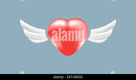 Rosso cuore realistico con le ali. Felice San Valentino simbolo, romantico amore oggetto. Illustrazione Vettoriale