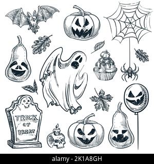 Collezione di elementi decorativi di Halloween. Illustrazione dello schizzo disegnata a mano dal vettore. Zucche di festa con il volto di grinning, lapide, fantasma, pipistrello e. Illustrazione Vettoriale