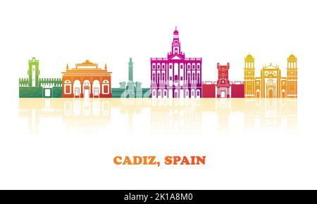 Panorama Colourfull Skyline di Cadice, Andalusia, Spagna - illustrazione vettoriale Illustrazione Vettoriale