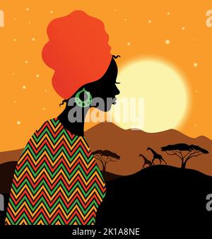 Paesaggio tropicale con bella donna africana in turbante. Carta savana africana con tramonto. Illustrazione Vettoriale