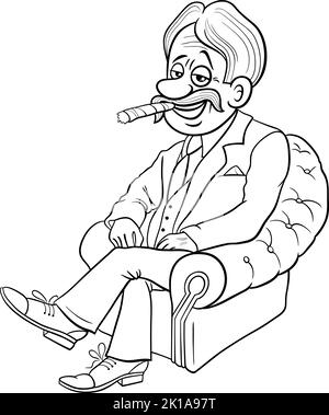 Cartoni animati in bianco e nero raffigurazione di capo o uomo d'affari in poltrona pagina da colorare Illustrazione Vettoriale