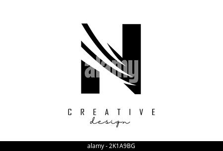 Logo N nero con linee di punta e design con spazi negativi. Lettera con disegni geometrici e creativi. Illustrazione vettoriale con lettera. Illustrazione Vettoriale