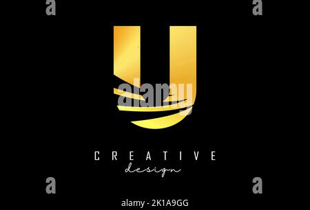 Logo U Golden Letter con linee di punta e design dello spazio negativo. Lettera con disegni geometrici e creativi. Illustrazione vettoriale con lettera. Illustrazione Vettoriale