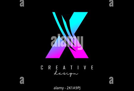 Logo X colorato con linee di punta e design di spazio negativo. Lettera con disegni geometrici e creativi. Illustrazione vettoriale con lettera. Illustrazione Vettoriale