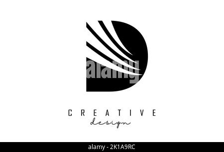 Logo D nero con linee di punta e design con spazi negativi. Lettera con disegni geometrici e creativi. Illustrazione vettoriale con lettera. Illustrazione Vettoriale