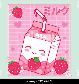 Carino kawaii scatola di latte fragola cartone cartone cartone animato prodotto asiatico colorato trendy. Illustrazione Vettoriale