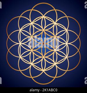 Fiore d'oro della vita geometria Sacra su sfondo blu scuro Illustrazione Vettoriale