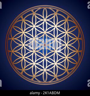 Fiore d'oro della vita geometria Sacra su sfondo blu scuro Illustrazione Vettoriale