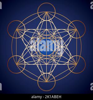 Cubo Metatron oro geometria Sacra su sfondo blu scuro Illustrazione Vettoriale