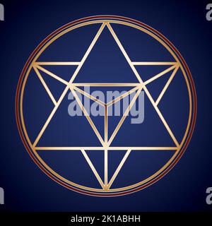 Oro Merkabah / Merkaba geometria Sacra su sfondo blu scuro Illustrazione Vettoriale