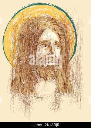 Volto immaginario di Gesù Cristo, religione cristiana cattolica e ortodossa, disegno vettoriale. Illustrazione Vettoriale