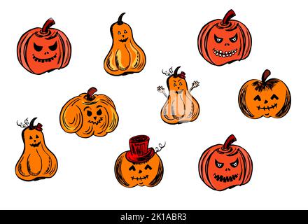 Set di zucche simpatiche e divertenti per le feste di Halloween. Zucche con sorriso per il design. Vettore, illustrazione. Illustrazione Vettoriale
