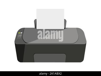 Scanner per stampante multifunzione nero piatto. Moderno dispositivo stampa pulsante di controllo carta ufficio elettronica getto d'inchiostro laser a colori nero monocromatico documenti apparecchiatura home scuola rapporto flusso di lavoro isolato Illustrazione Vettoriale