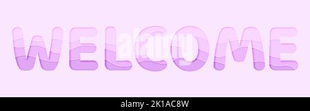 Benvenuto carta taglio stile carino segno lavanda piatto. Viola banner sito web design pagina utente accogliente stile 3D segno vacanza invito bambino doccia matrimonio poster pastello colore ondulato modello carta da parati dolce Illustrazione Vettoriale